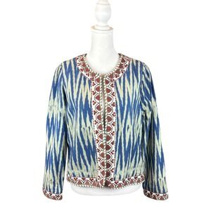 Sundance Jacket Womens Small Blue Ikat Embroidered Open Front Cotton Textured